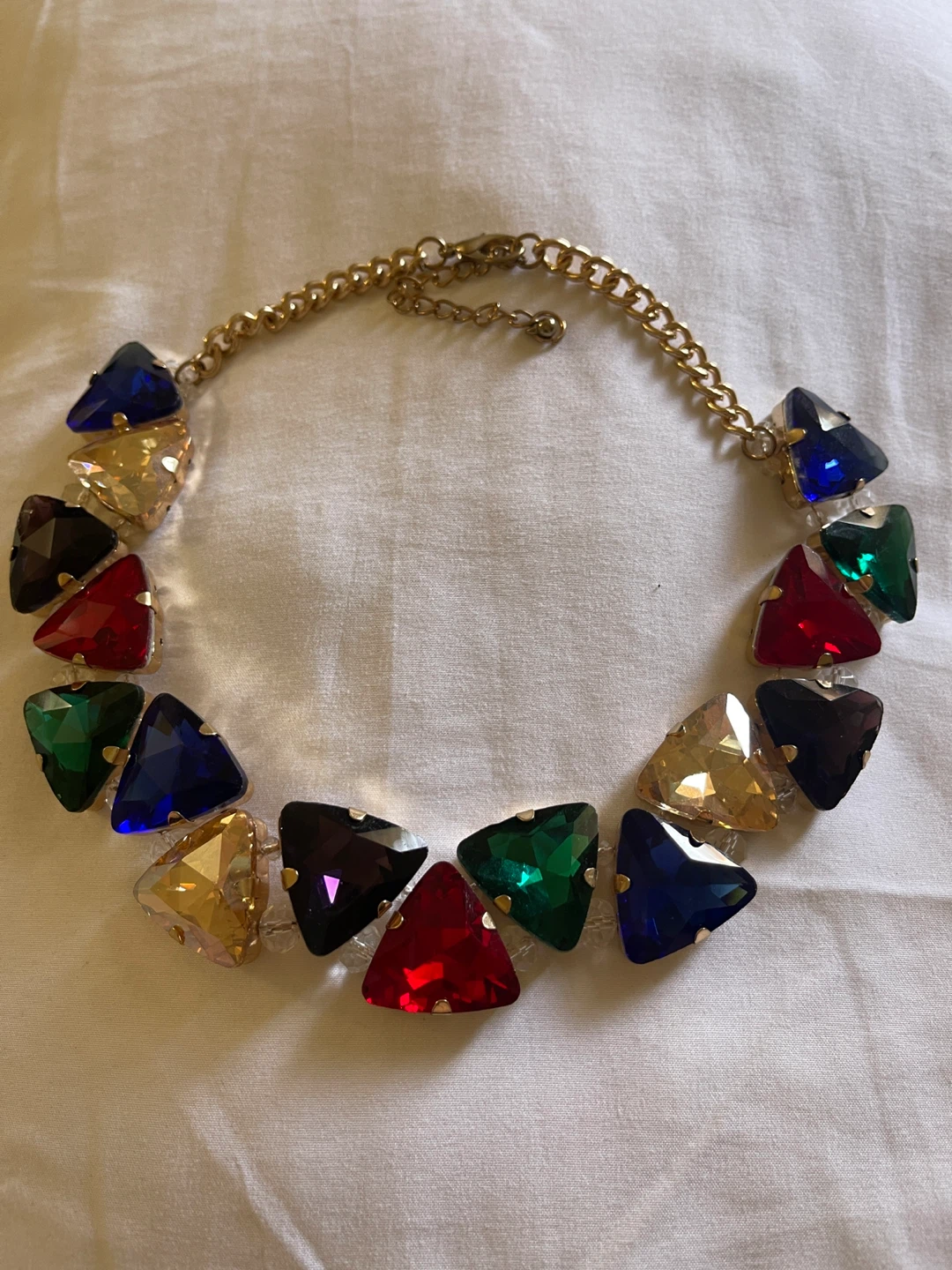 Gold Tone Statement Necklace with Gemstone Triangles