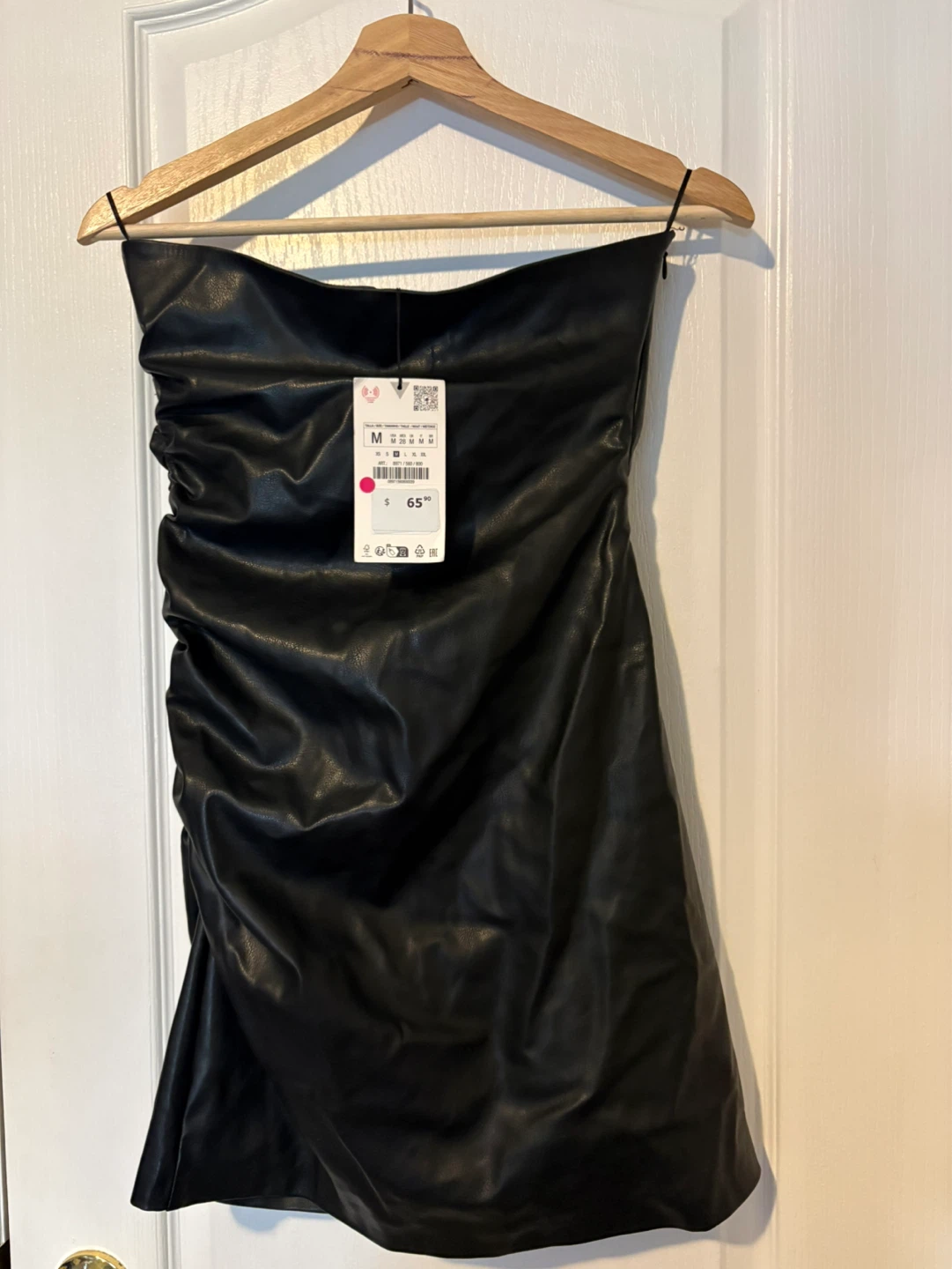 Zara Black Faux Leather Ruched Strapless Dress - Size M