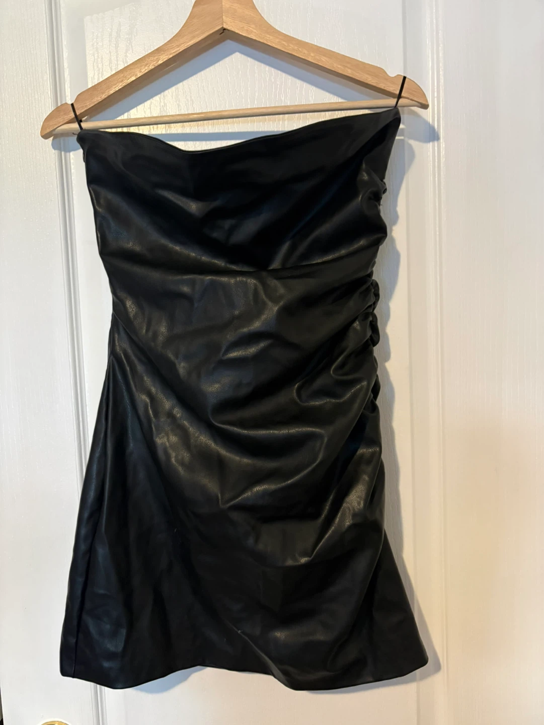 Zara Black Faux Leather Ruched Strapless Dress - Size M - photo 2
