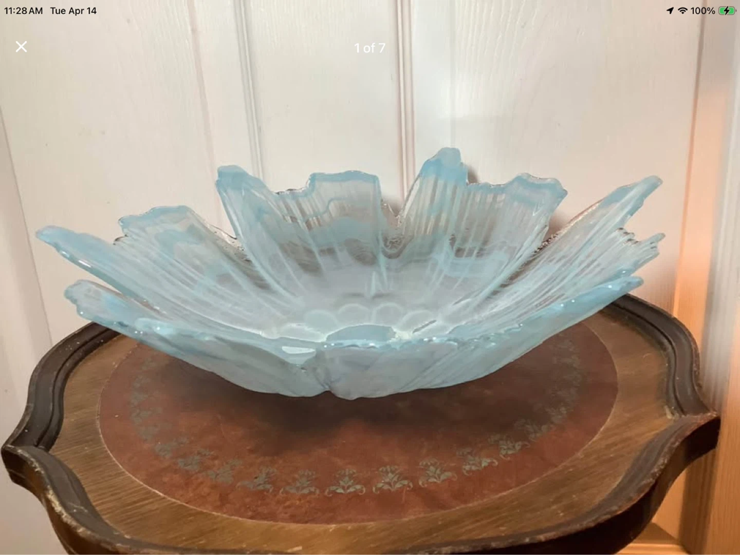 Exquisite Art Deco Ice Blue Murano Style Scalloped Glass Dish 🐞
