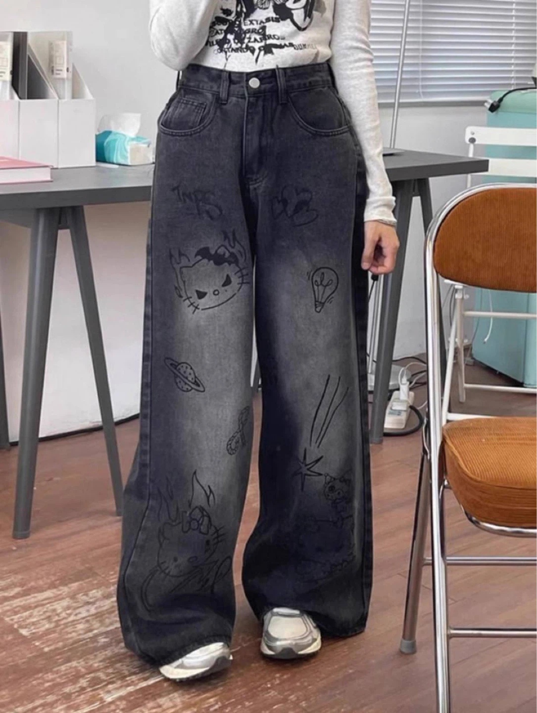 Dark Wash Wide Leg Jeans with Hello Kitty Graphics - photo 3