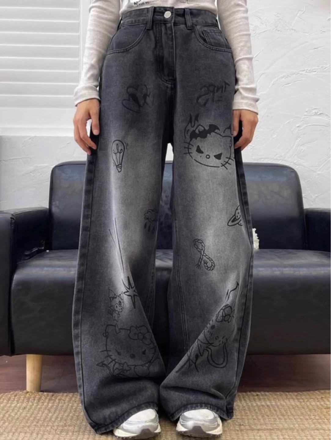 Dark Wash Wide Leg Jeans with Hello Kitty Graphics