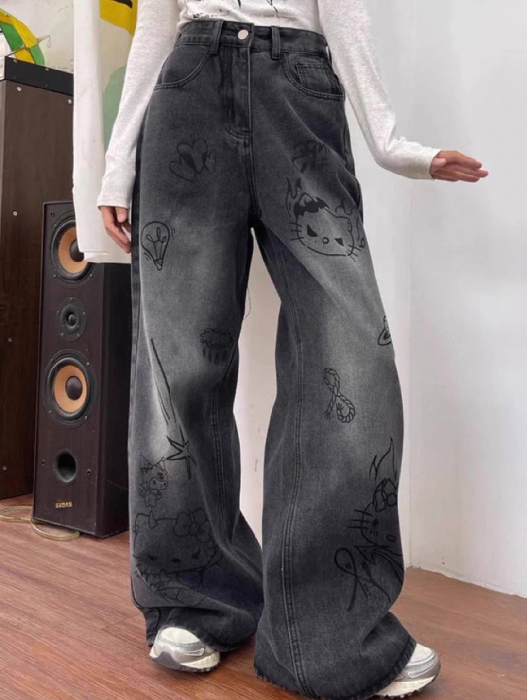 Dark Wash Wide Leg Jeans with Hello Kitty Graphics - photo 4
