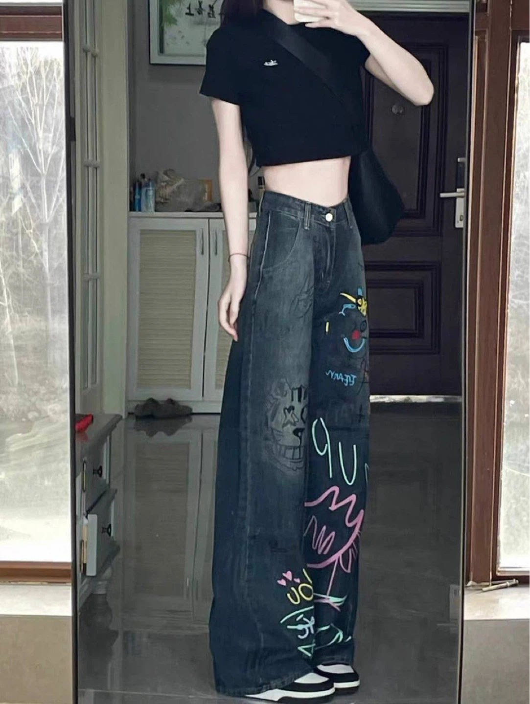 Women's Wide Leg Jeans with Graffiti Print - photo 3