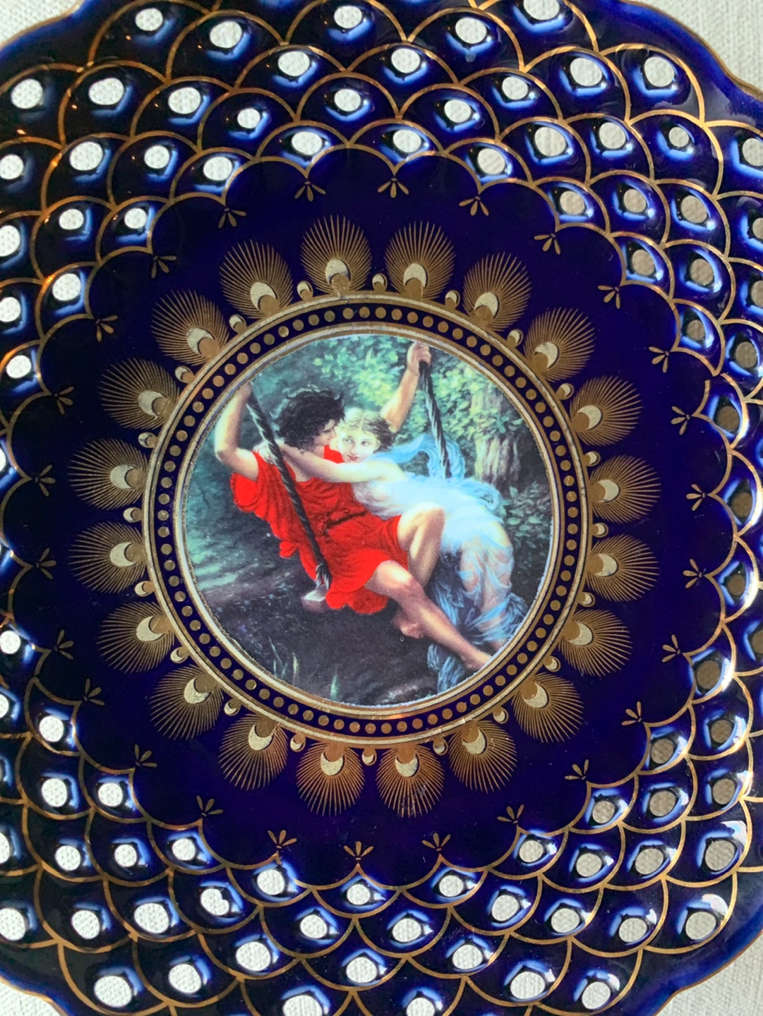 Decorative Cobalt Blue Pedestal Dish with Romantic Scene - photo 2