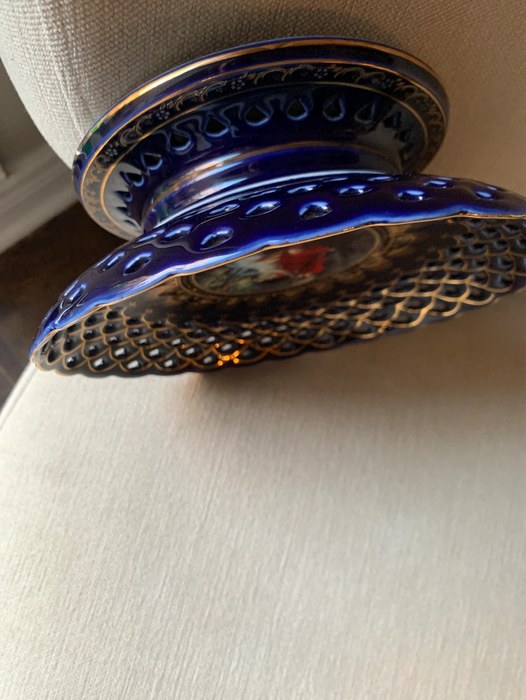 Decorative Cobalt Blue Pedestal Dish with Romantic Scene - photo 3