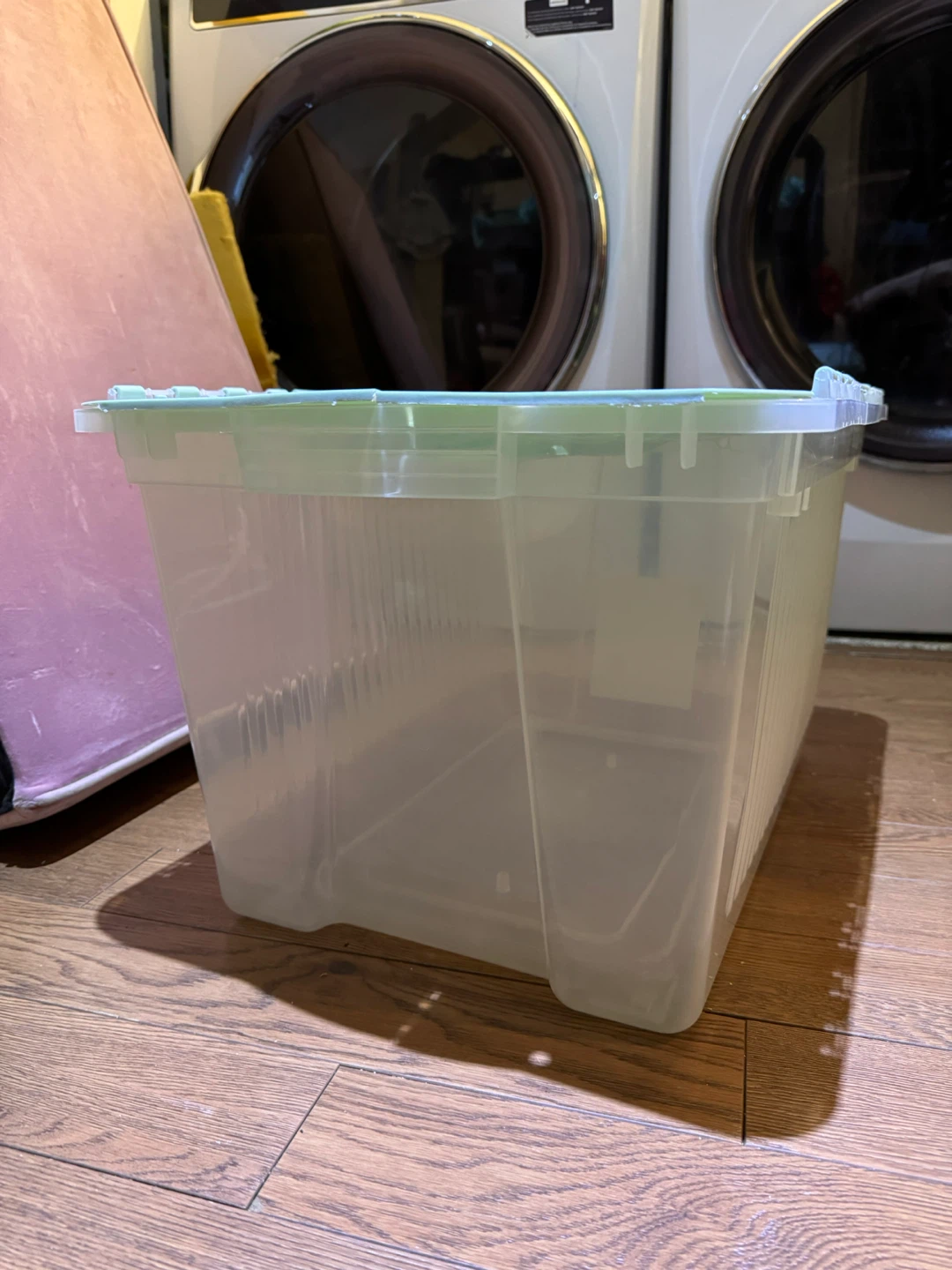 Clear Plastic Storage Bin with Light Green Lid