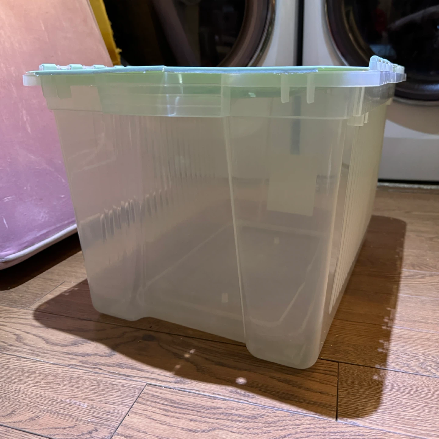 Clear Plastic Storage Bin with Light Green Lid - photo 3