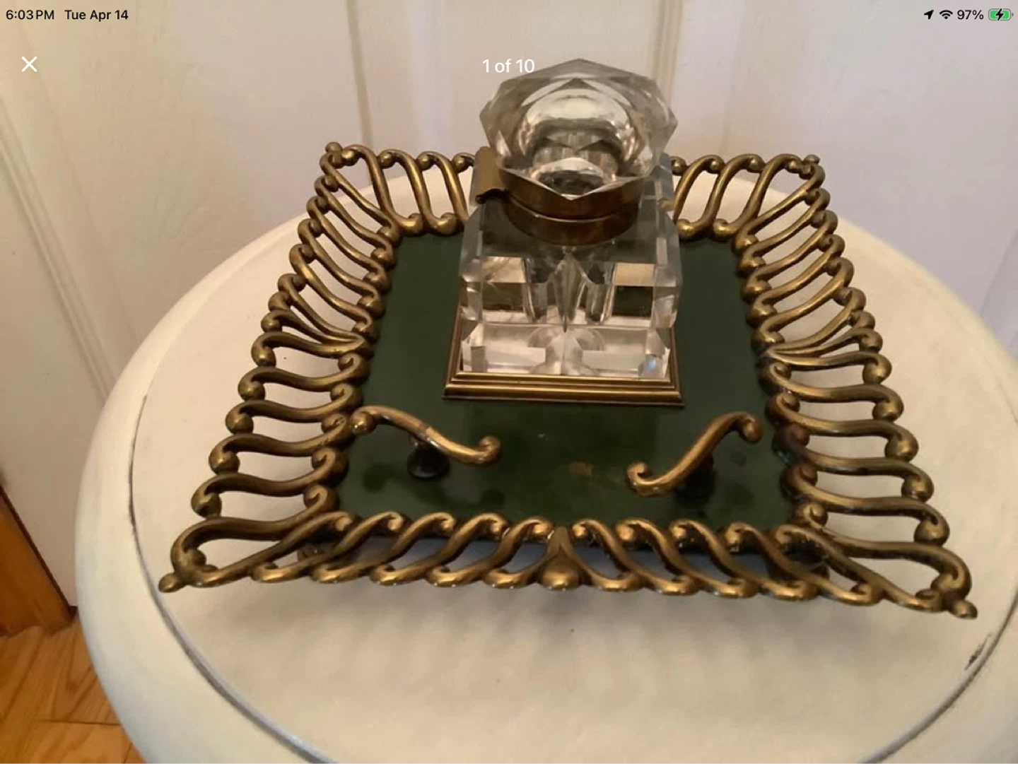 Antique Cut Glass & Brass Inkwell w Brass Footed Tray 🐞