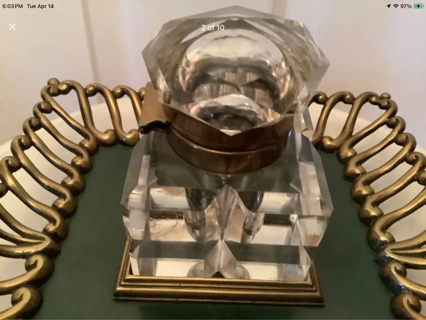 Antique Cut Glass & Brass Inkwell w Brass Footed Tray 🐞 - photo 2