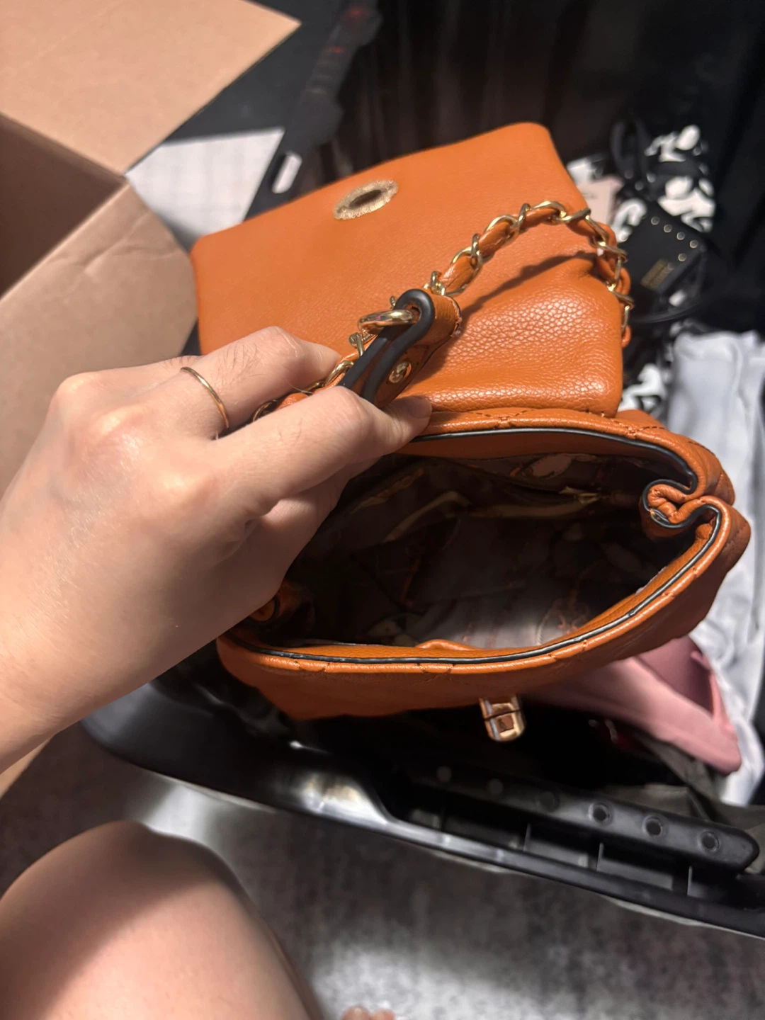 Quilted Faux Leather Top Handle Handbag - Orange - photo 2