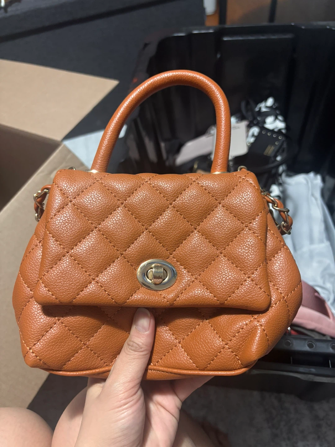 Quilted Faux Leather Top Handle Handbag - Orange
