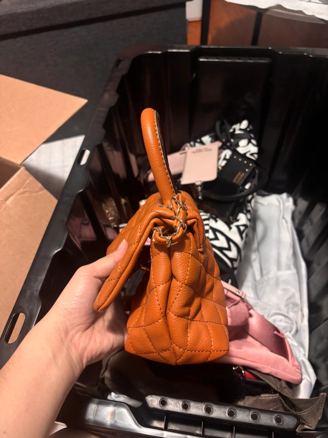Quilted Faux Leather Top Handle Handbag - Orange - photo 4
