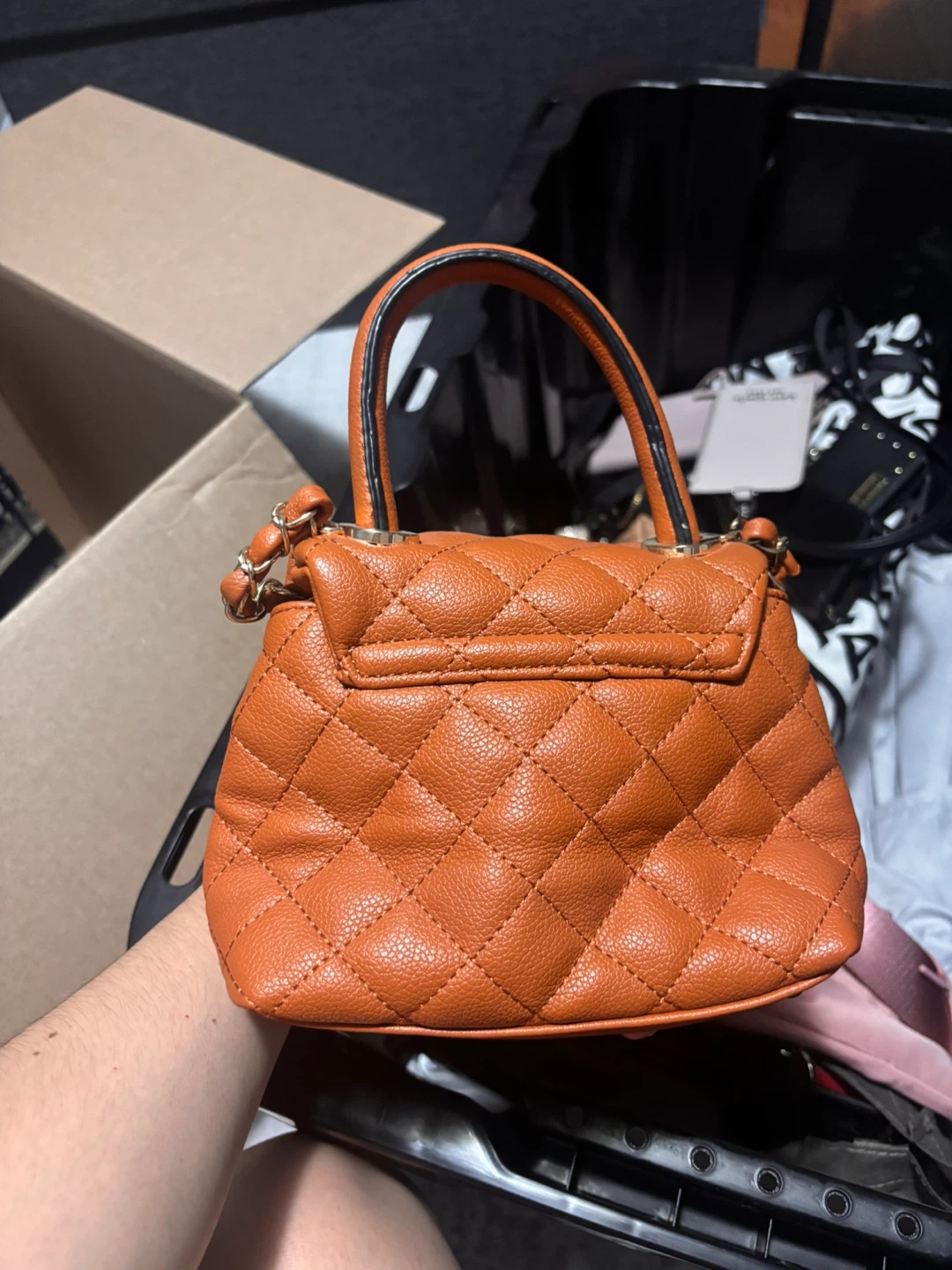 Quilted Faux Leather Top Handle Handbag - Orange - photo 3