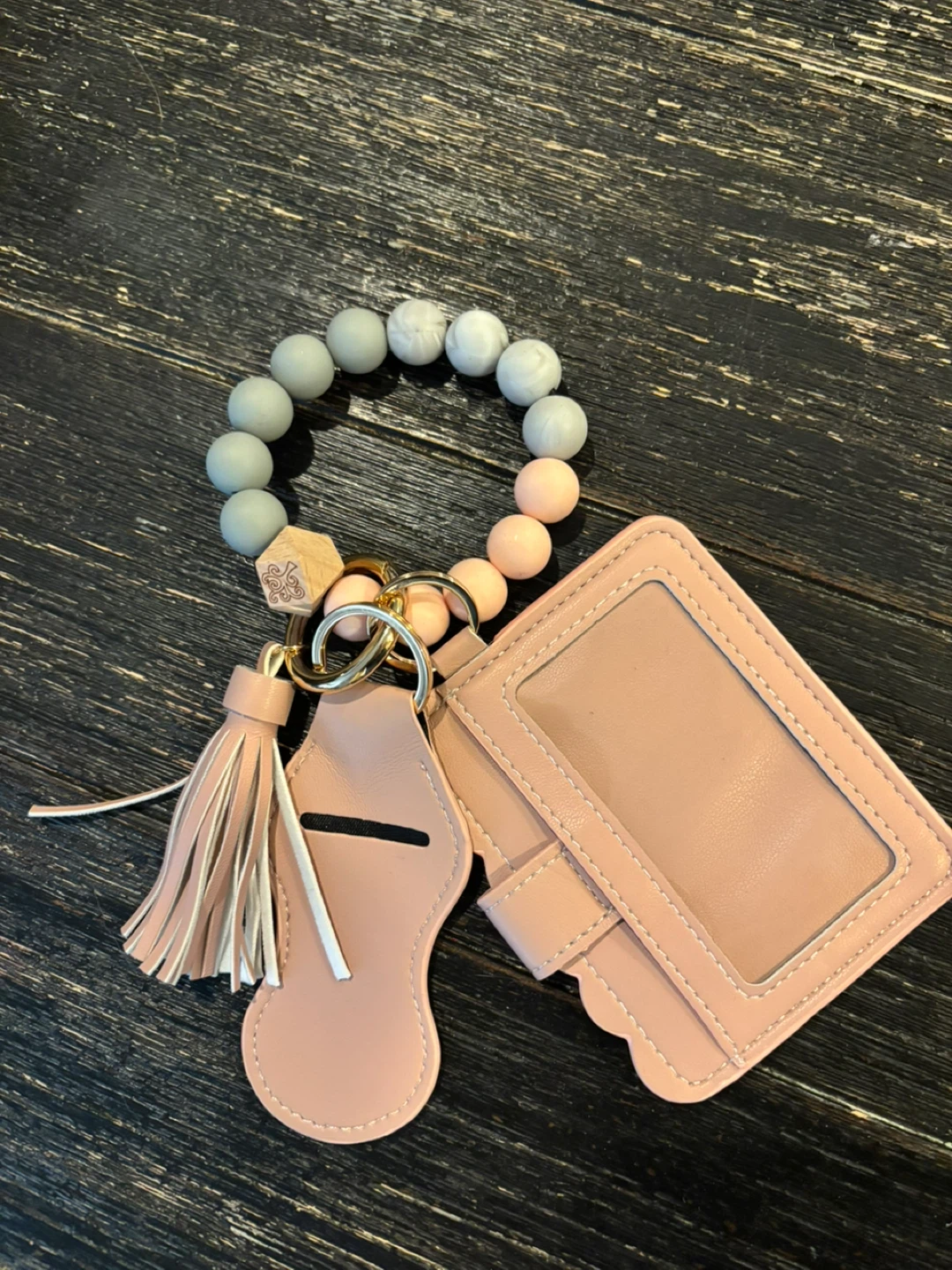 Pink Card Holder Keychain with Tassel and Beaded Wristlet