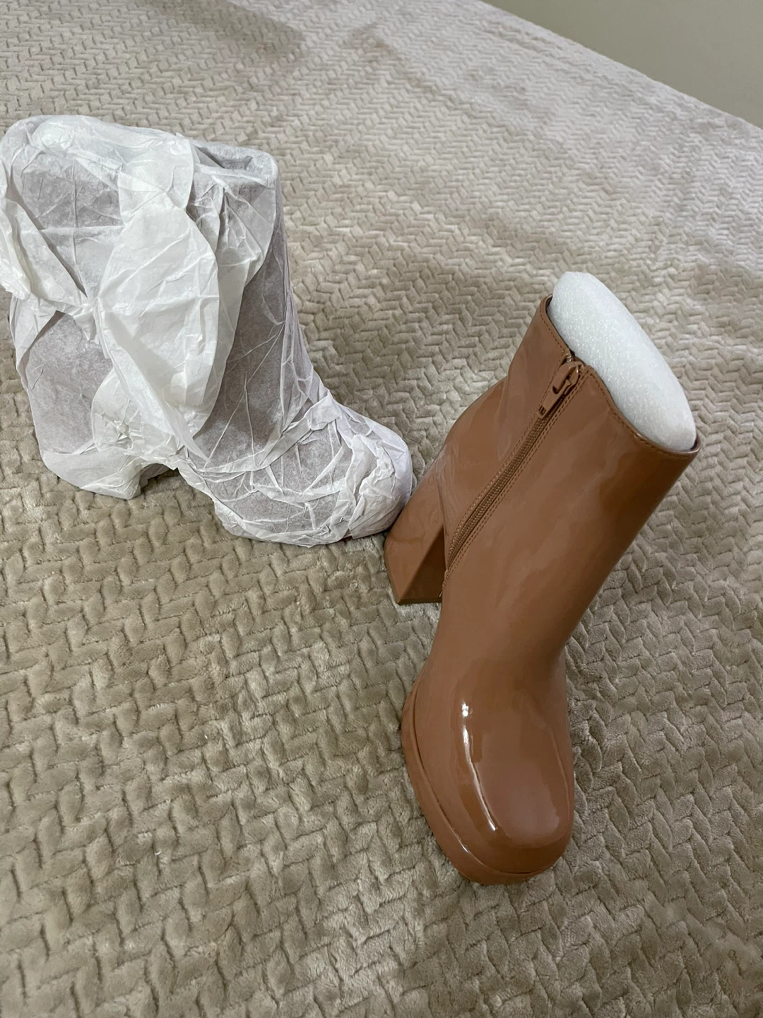 Tan patent leather chunky heel boots