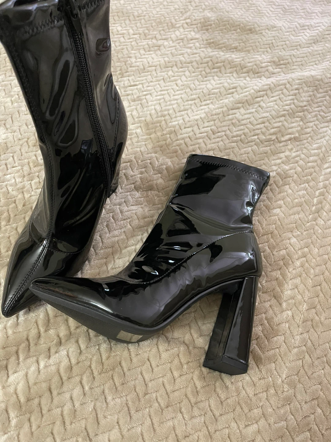 Black Patent Pointed Toe Block Heel Ankle Boots