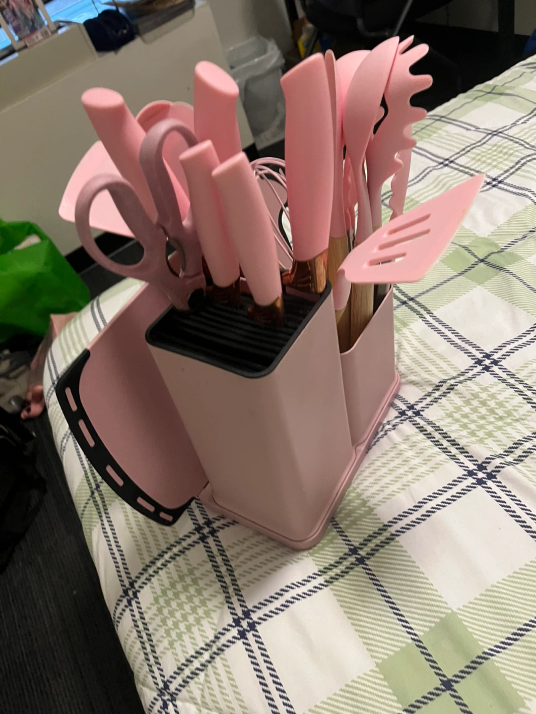 Pink Kitchen Utensil Set with Block, Knives, and Cutting Board