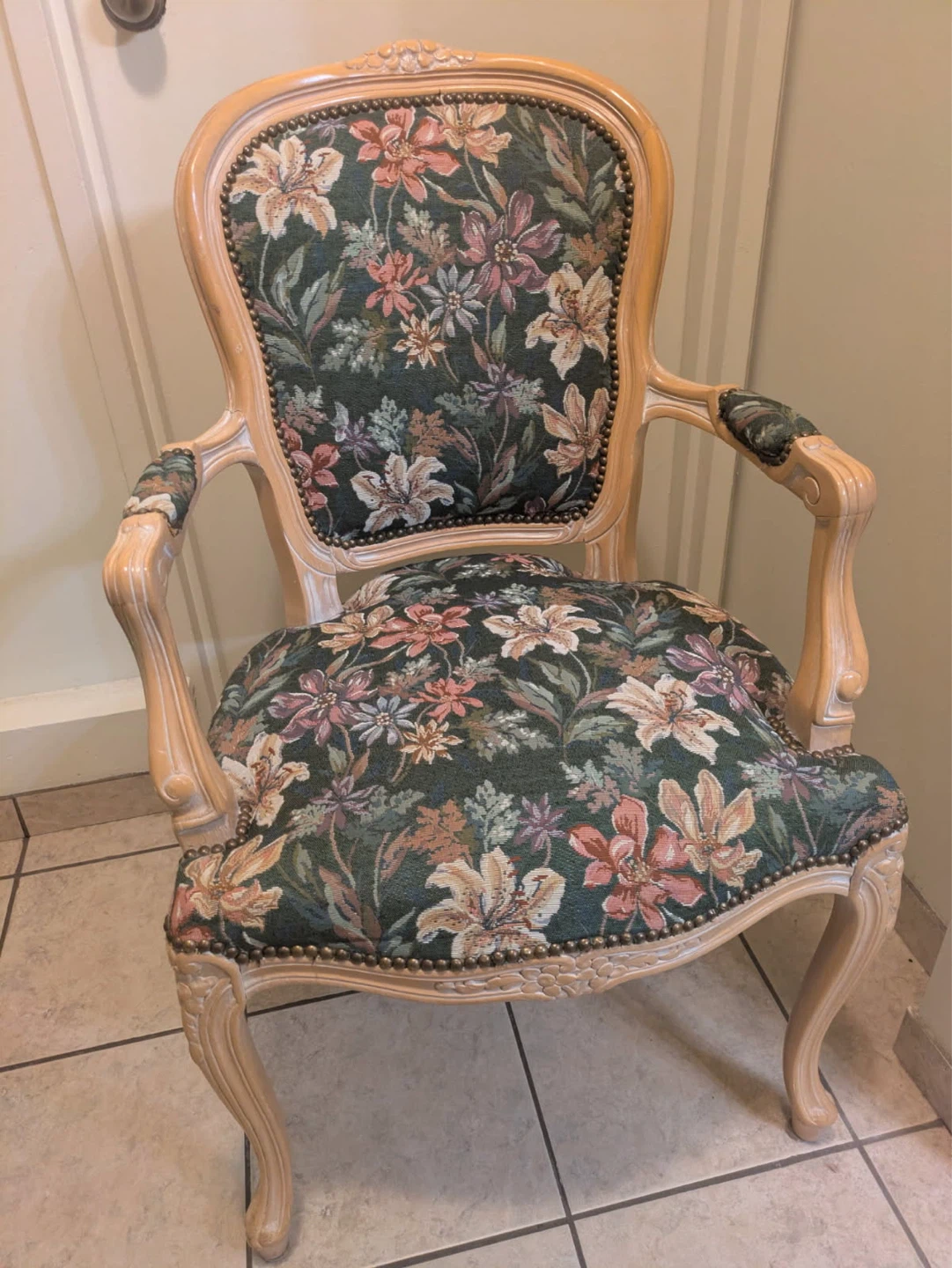 Floral Upholstered Accent Chair, Carved Wooden Frame