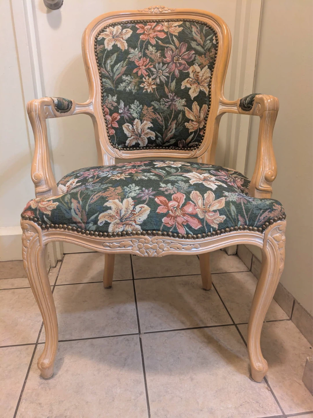 Floral Upholstered Accent Chair, Carved Wooden Frame - photo 3