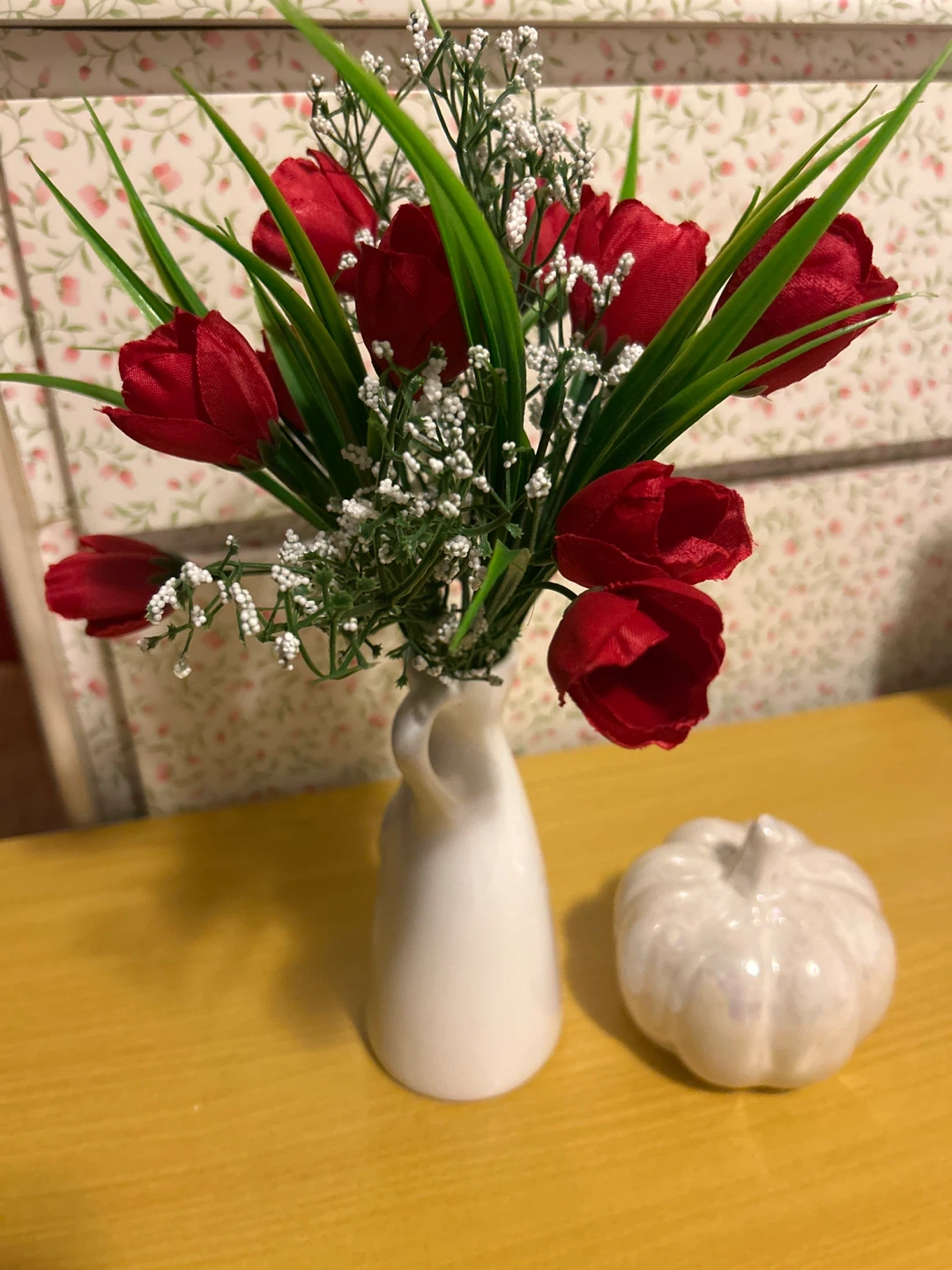 Artificial Red Tulips in White Vase with Decorative Pumpkin