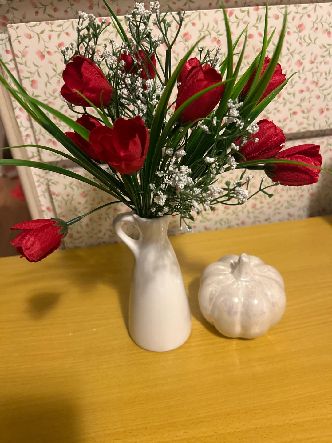 Artificial Red Tulips in White Vase with Decorative Pumpkin - photo 2