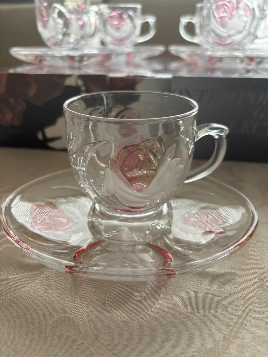 Vintage SOGA Glass Japan "Ice Rose" 5Tea Cups& 5Saucers Set - photo 2