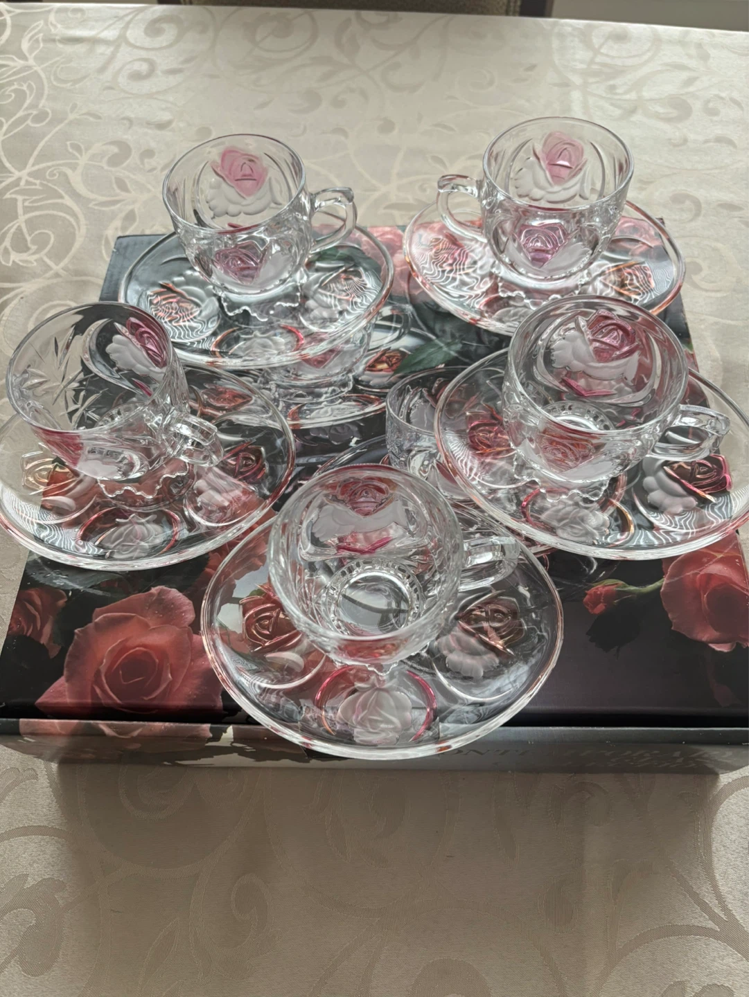 Vintage SOGA Glass Japan "Ice Rose" 5Tea Cups& 5Saucers Set