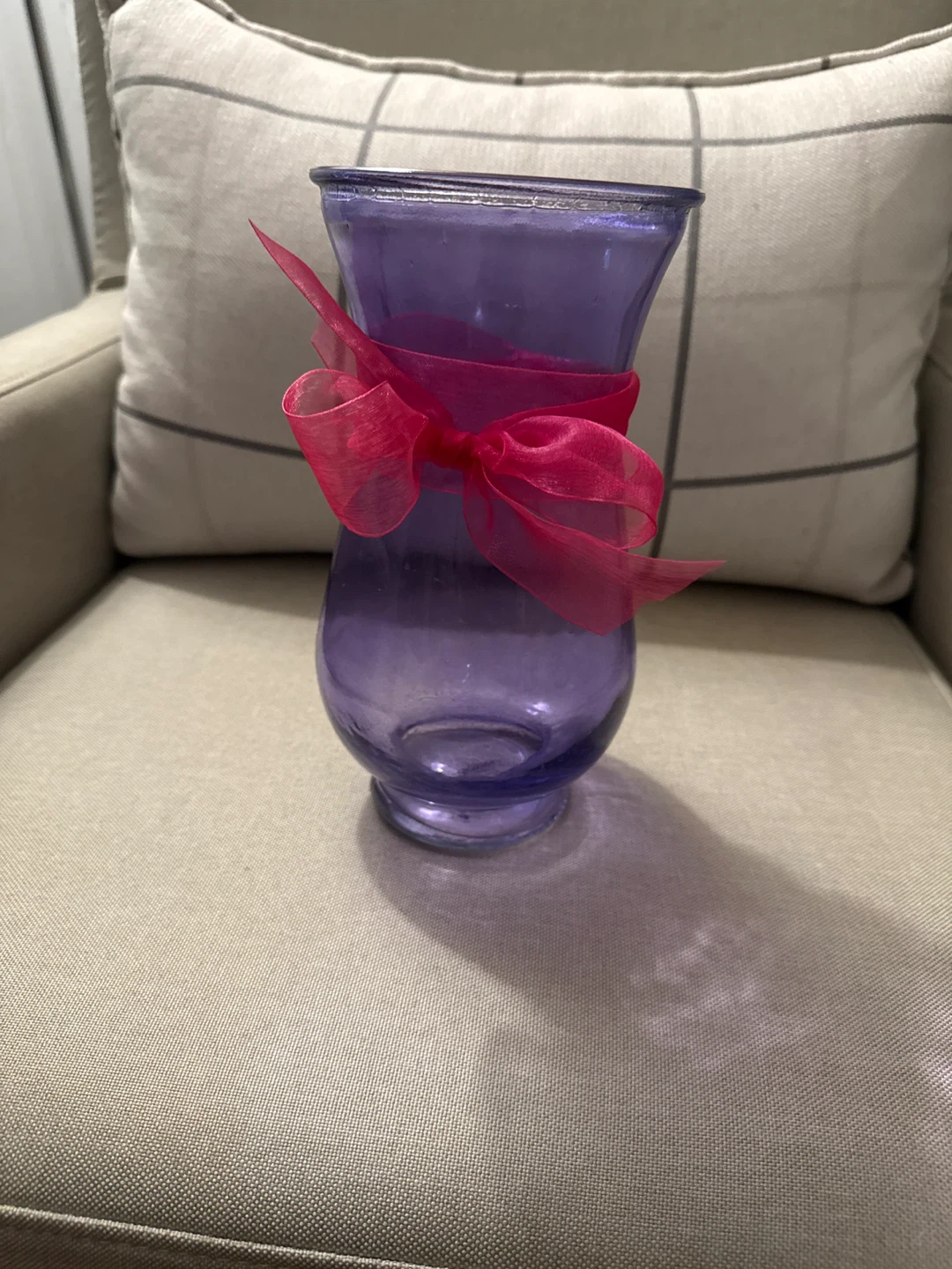 Purple Glass Vase with Pink Ribbon