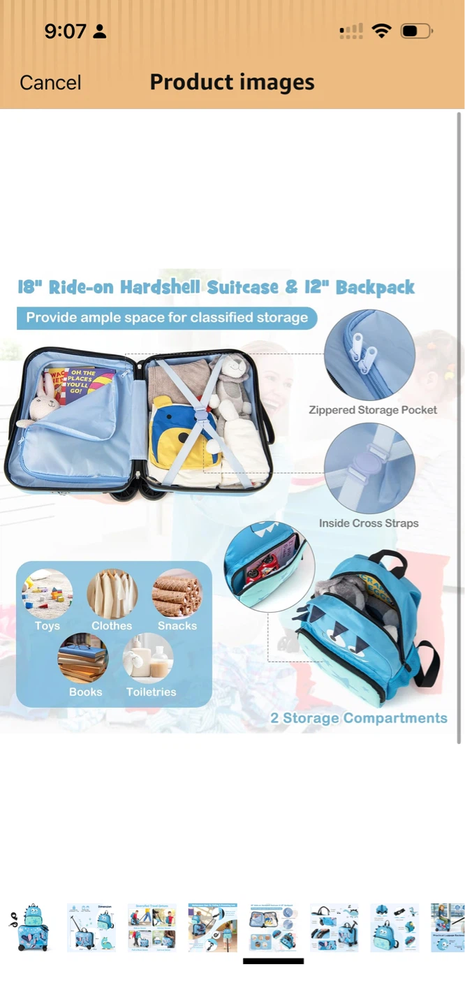 18" Kids Ride-on Hardshell Suitcase & 12" Backpack Set - photo 2