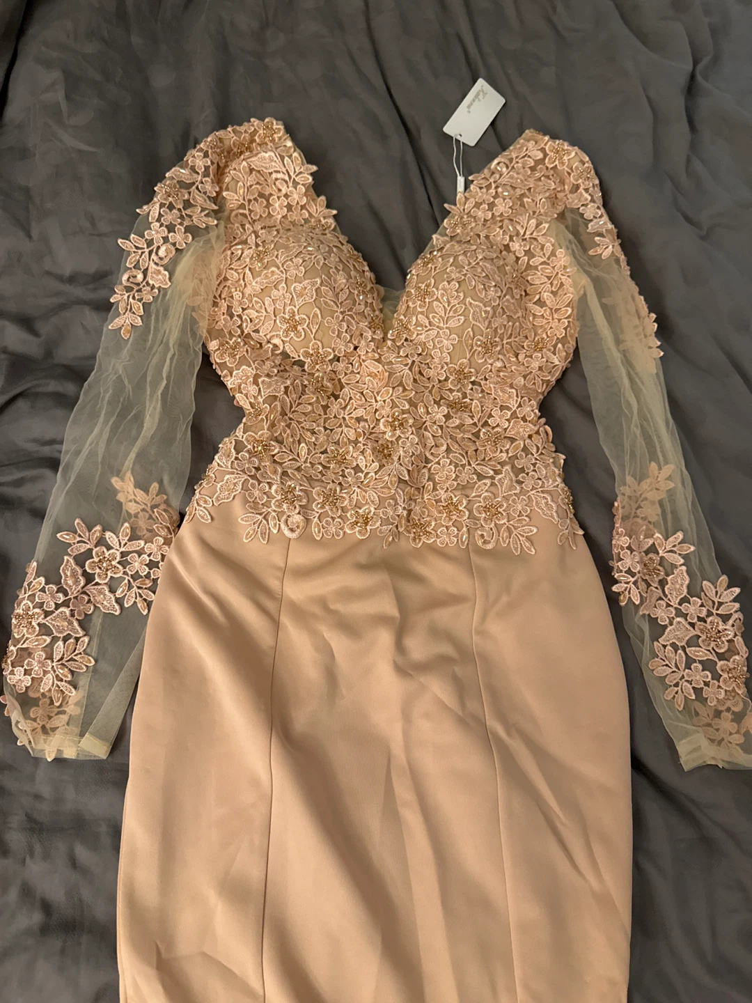 New with Tags Beaded Lace Sleeve Evening Dress