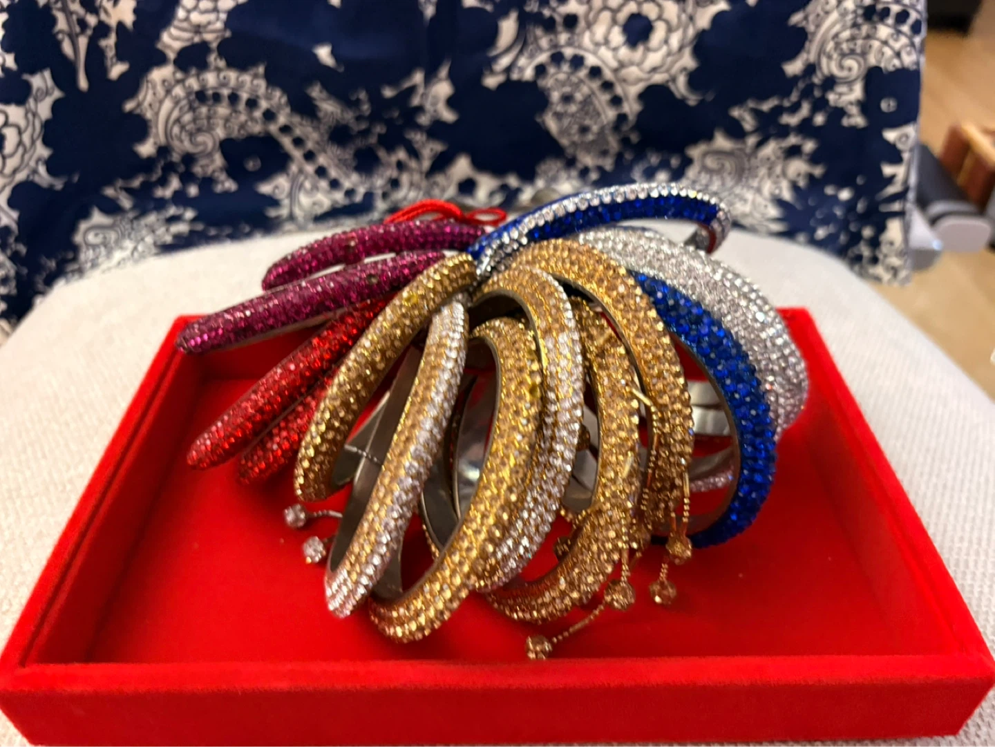 Set of 8 Bejeweled Bangles - Gold, Silver, Blue, Red, Pink
