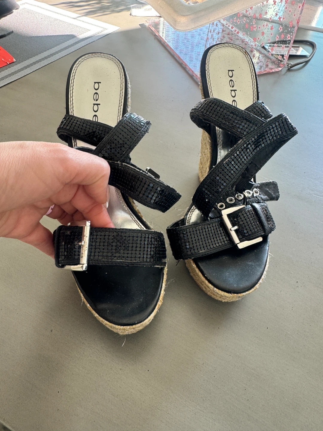 🌱  Bebe Black Espadrille Wedge Sandals - photo 4