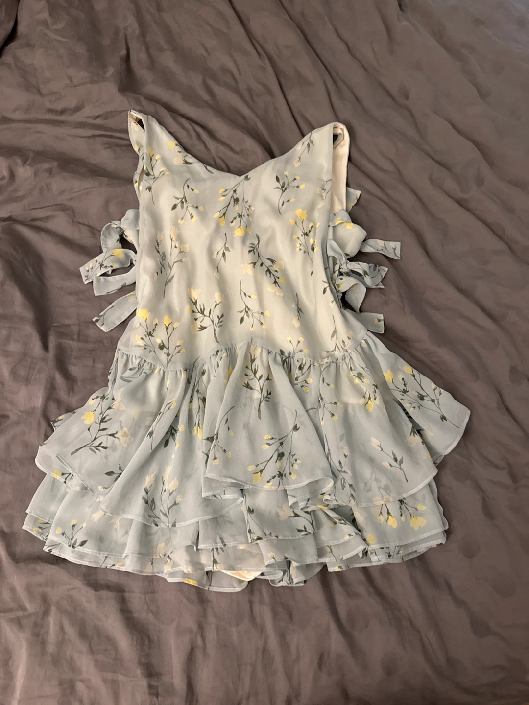 Light Blue Floral Ruffle Dress with Tie Sleeves