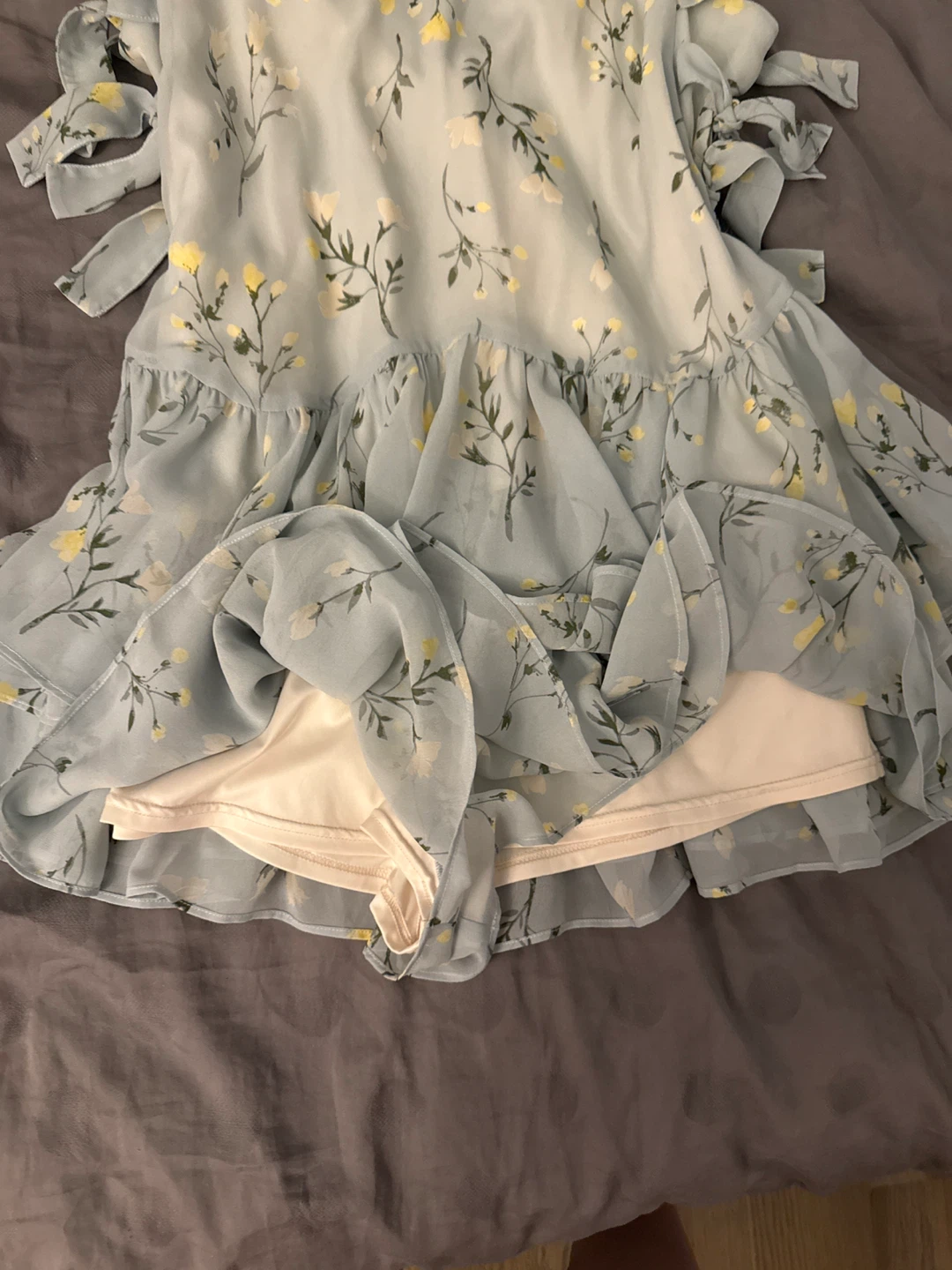 Light Blue Floral Ruffle Dress with Tie Sleeves - photo 2