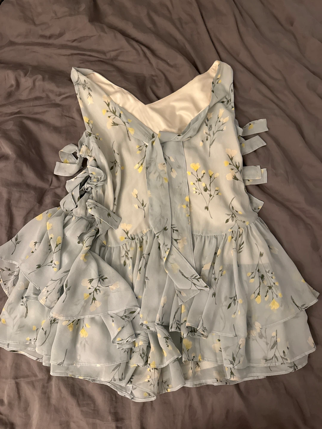 Light Blue Floral Ruffle Dress with Tie Sleeves - photo 4