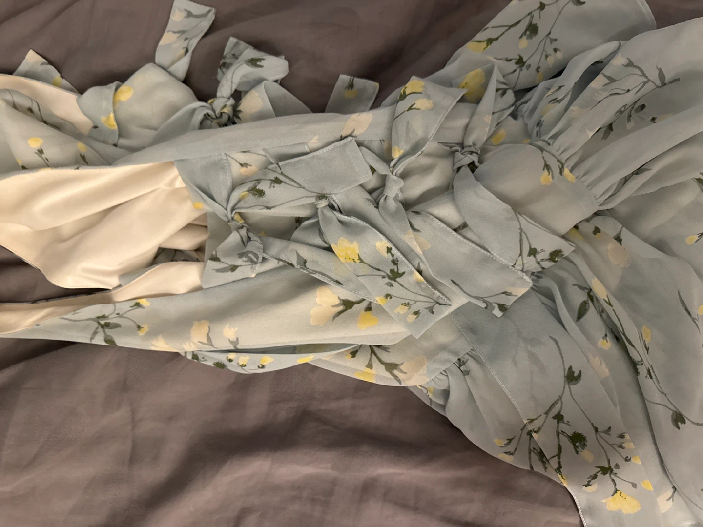 Light Blue Floral Ruffle Dress with Tie Sleeves - photo 3