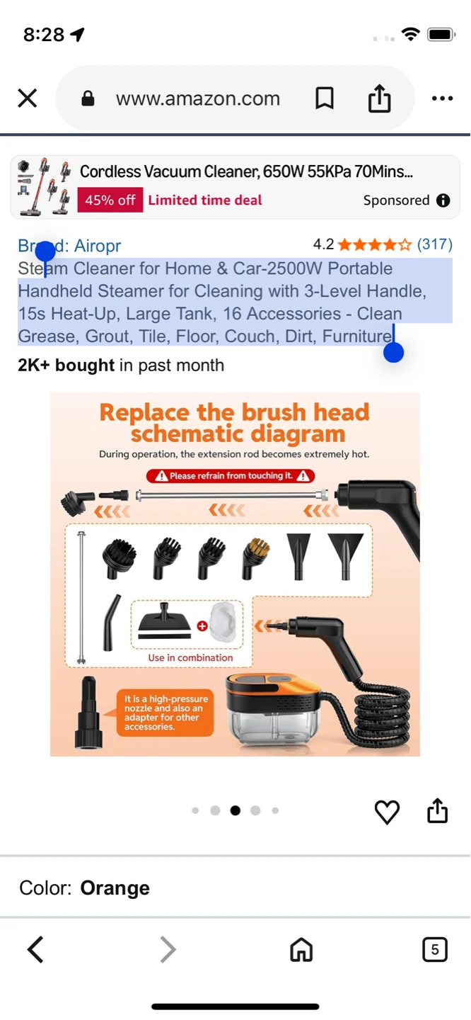 Airopr handheld steam cleaner, orange - photo 4