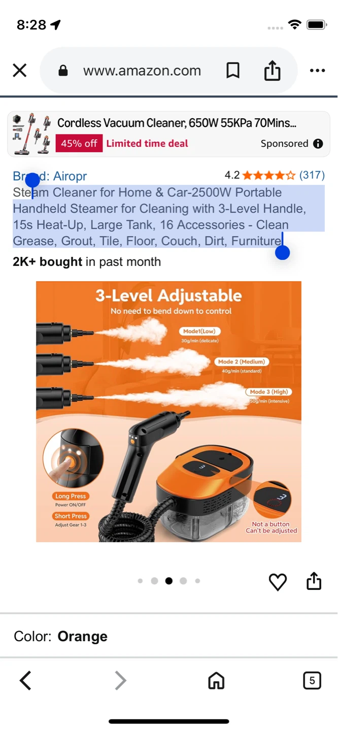 Airopr handheld steam cleaner, orange - photo 2