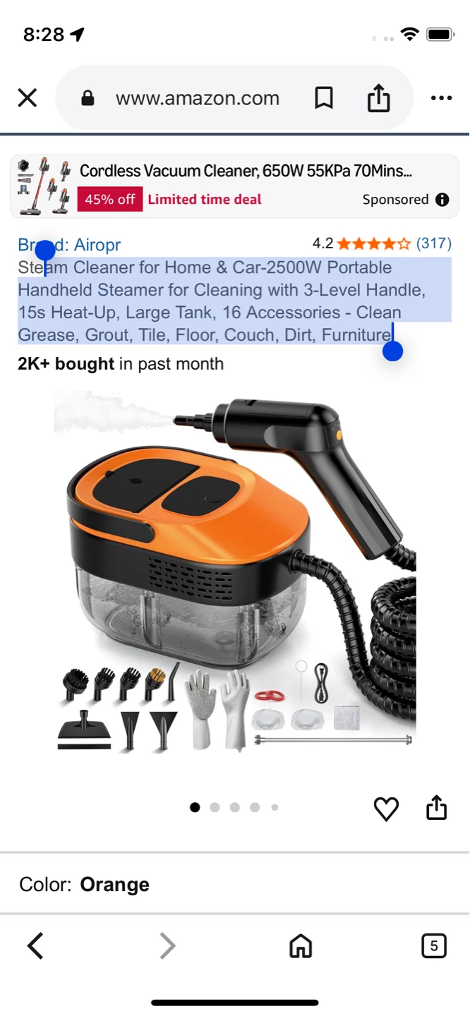 Airopr handheld steam cleaner, orange