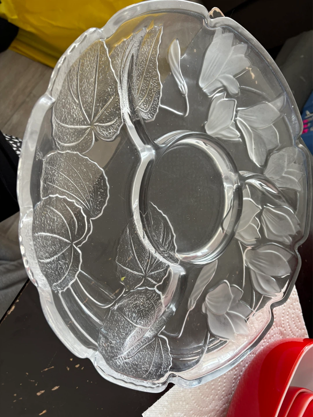 Clear Glass Serving Platter with Embossed Leaf Design