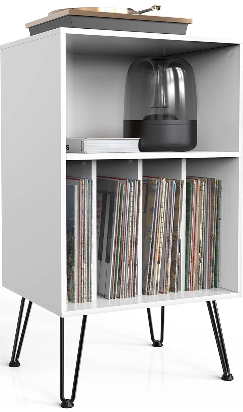White Record Player Stand, Storage Cabinet with Metal Legs