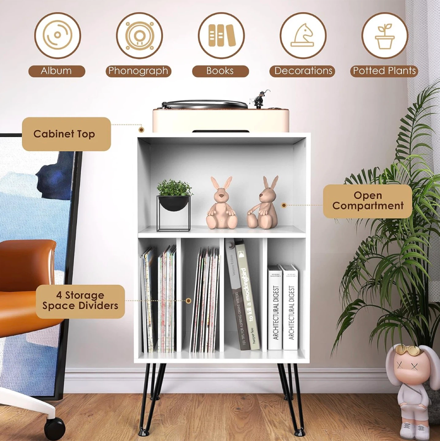 White Record Player Stand, Storage Cabinet with Metal Legs - photo 4
