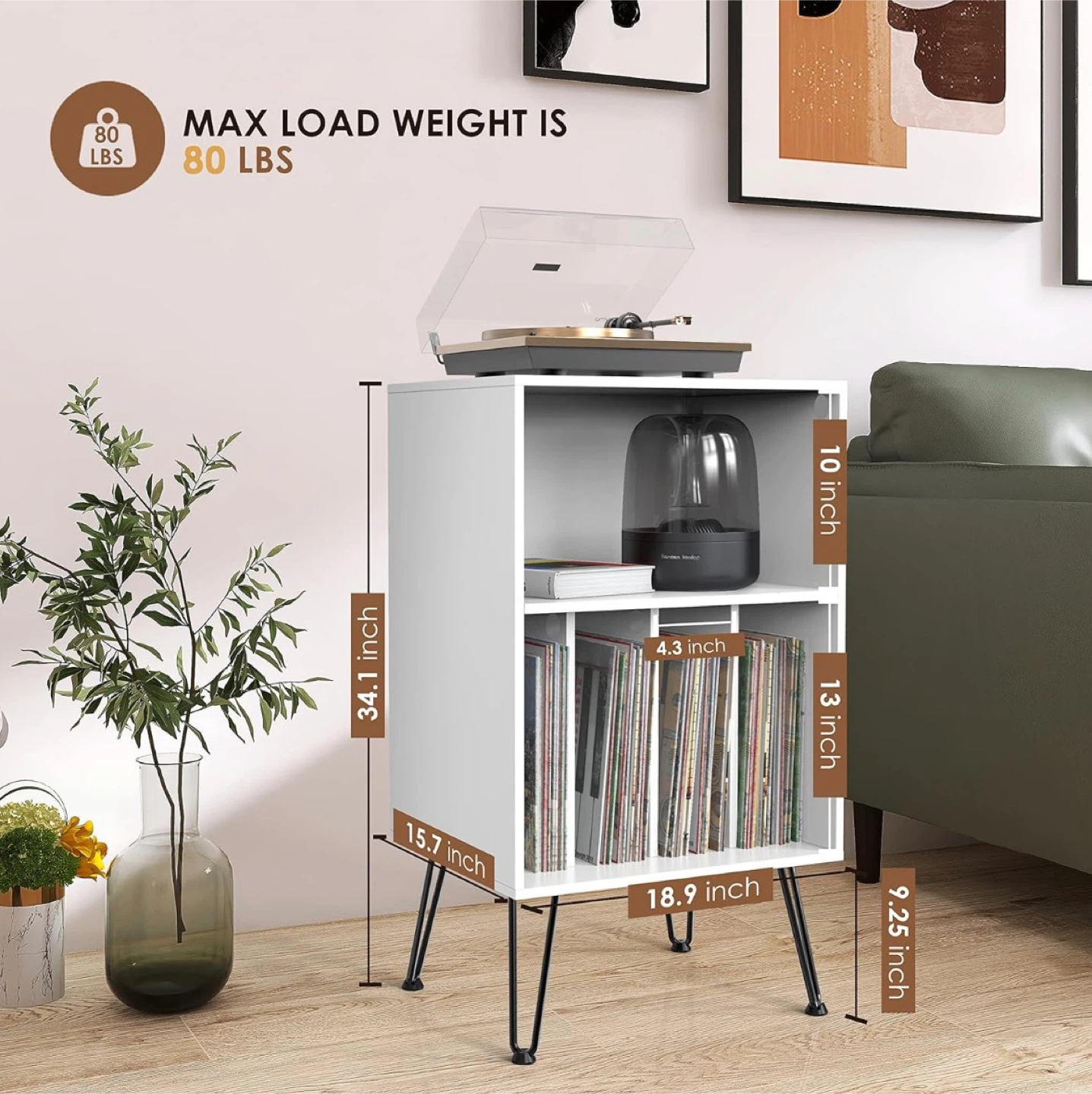 White Record Player Stand, Storage Cabinet with Metal Legs - photo 2