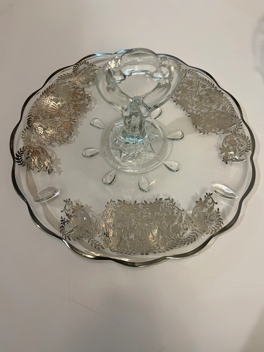 Vintage Glass Footed Serving Tray with Silver Trim