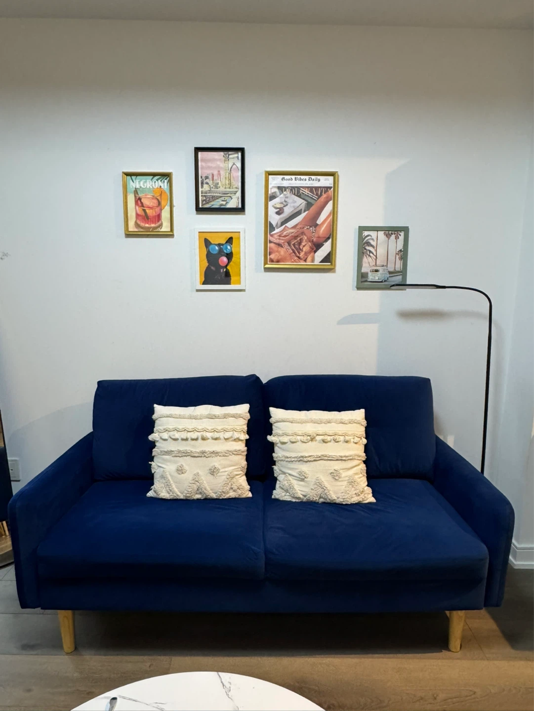 2-Seater Blue Velvet Sofa with Wooden Legs