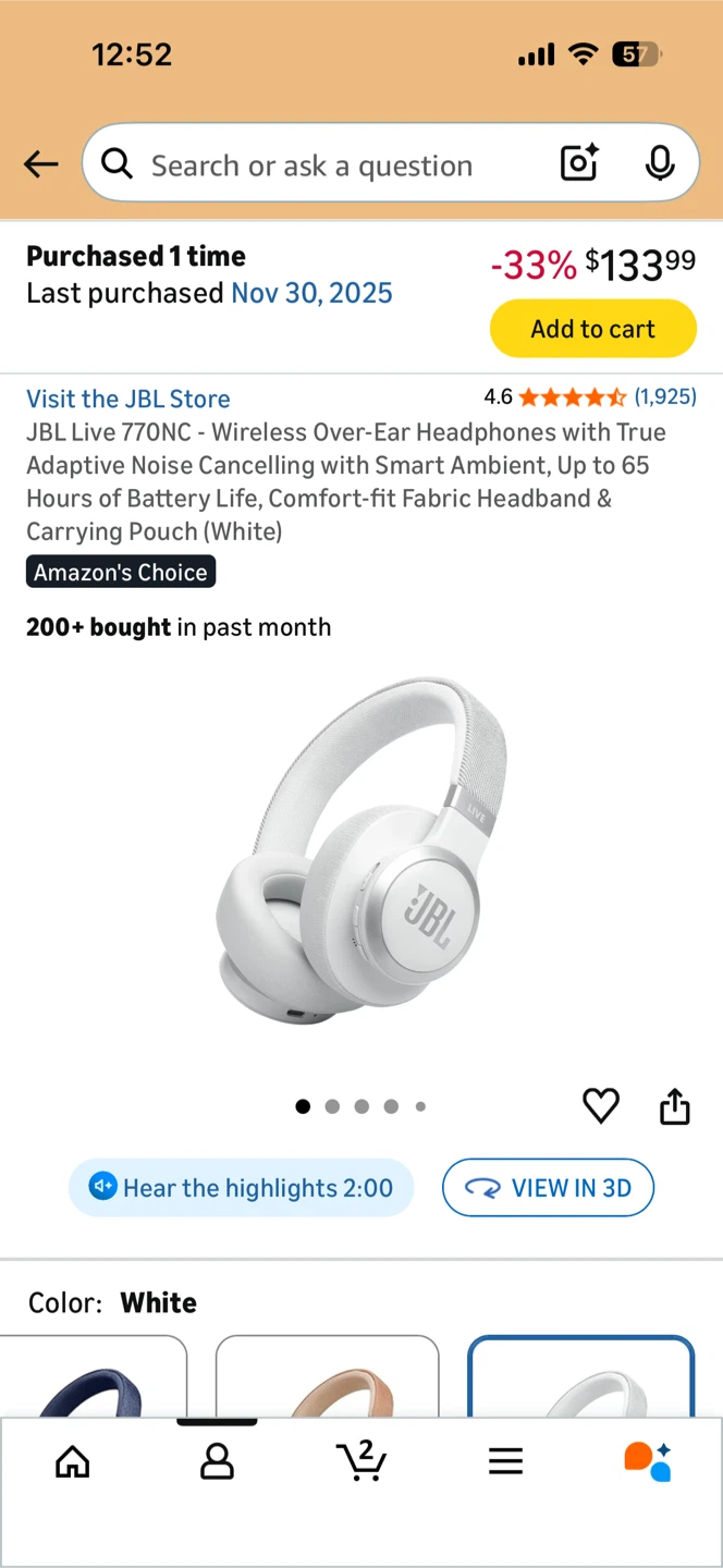 JBL Live 770NC Wireless Over-Ear Headphones - White