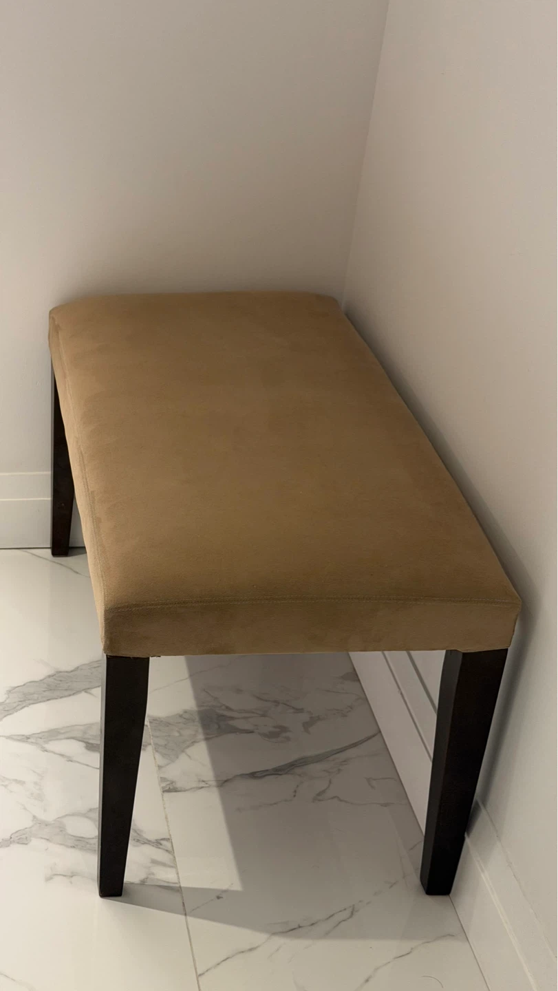 Neutral brown upholstered bench with dark wood legs. - photo 2