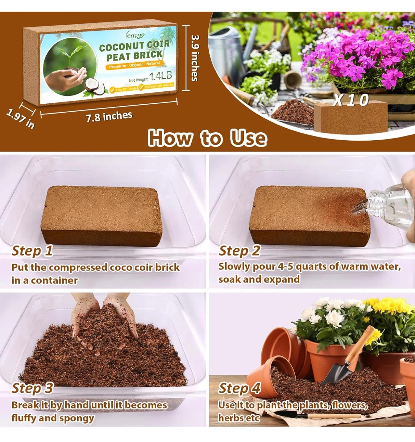 Coconut Coir Peat Brick - 1.4LB Organic Natural Growing Medium - photo 5