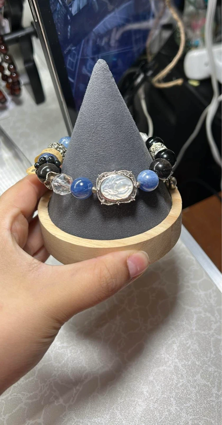 Gemstone Beaded Bracelet with Charm, Silver obsidian